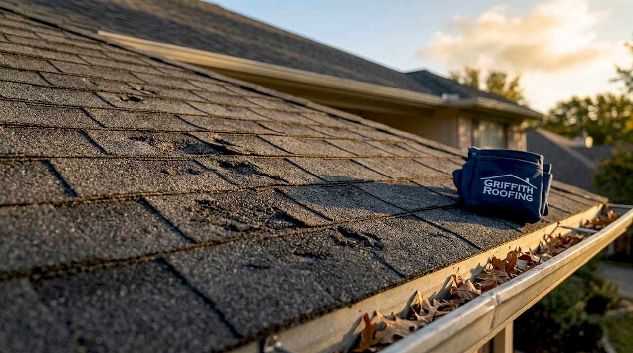 Close-up of hail damage on asphalt shingle roof