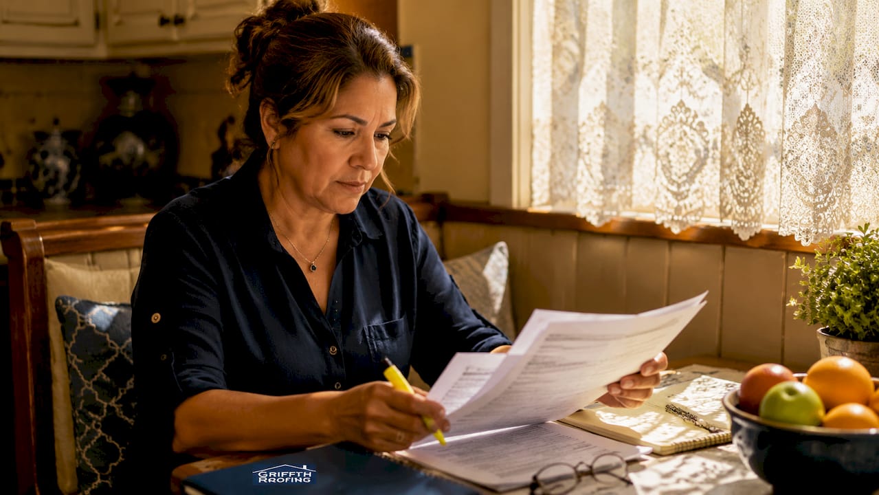 Homeowner reviewing roofing code papers at table