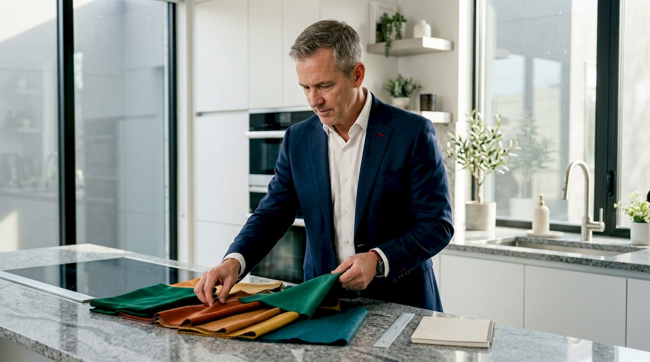 Man arranging portrait clothing color samples
