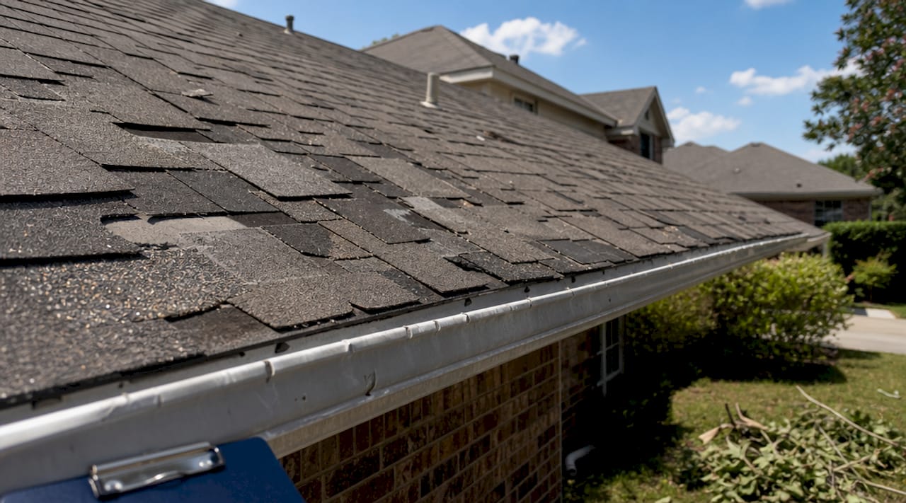 Close-up of roof with damaged shingles and dented gutters