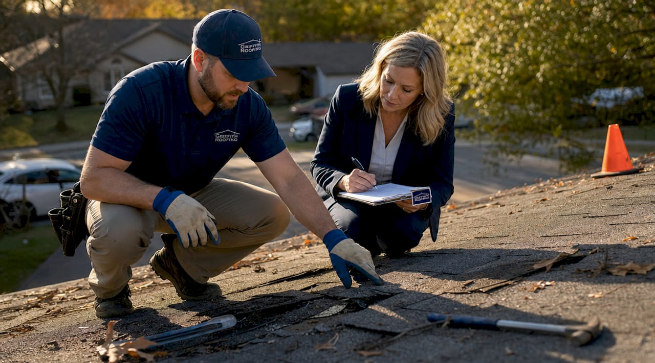Roof inspection by contractor and adjuster outdoors