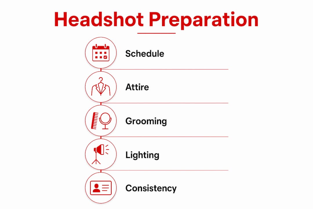 Infographic showing steps to prepare for corporate headshot session