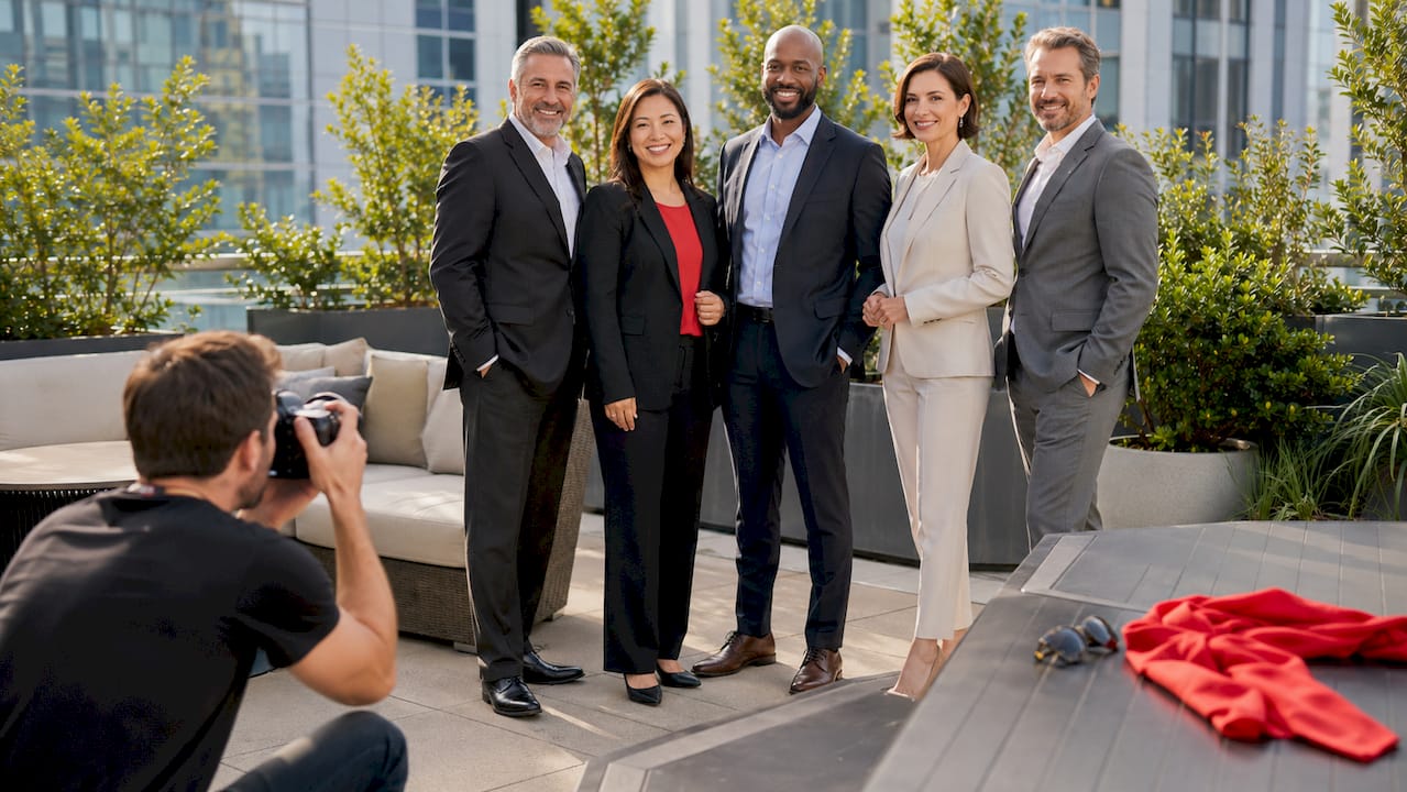 Diverse leadership team corporate headshot group session