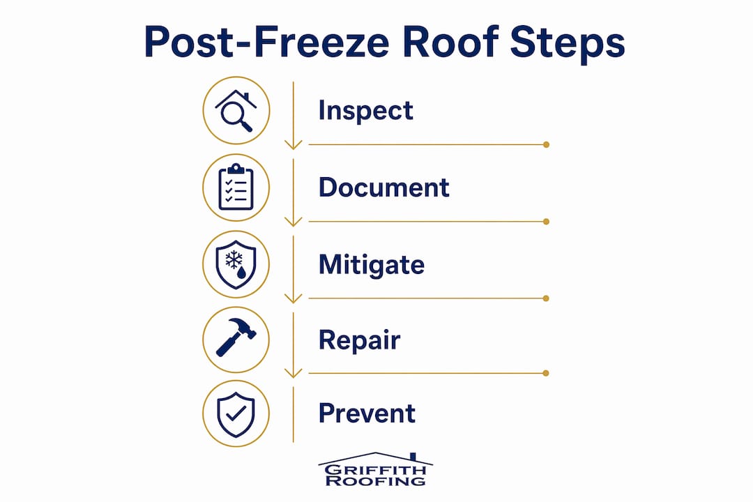 Infographic illustrating freeze roof damage repair steps