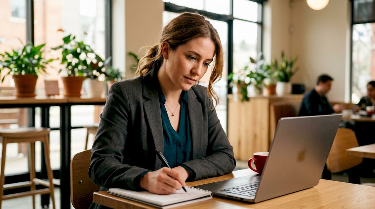 HR professional reviewing AI headshots on laptop at home office