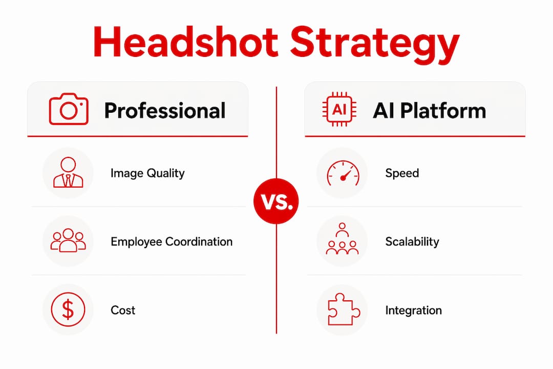 Infographic comparing professional photography and AI headshot platforms for recruitment marketing