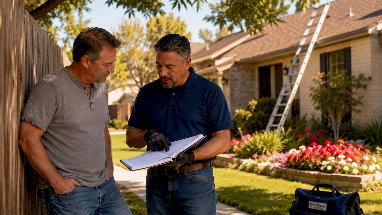 Homeowner consulting licensed roofing contractor outdoors