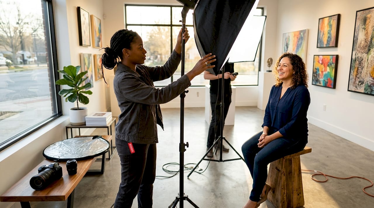 Photographer adjusting lighting while subject poses