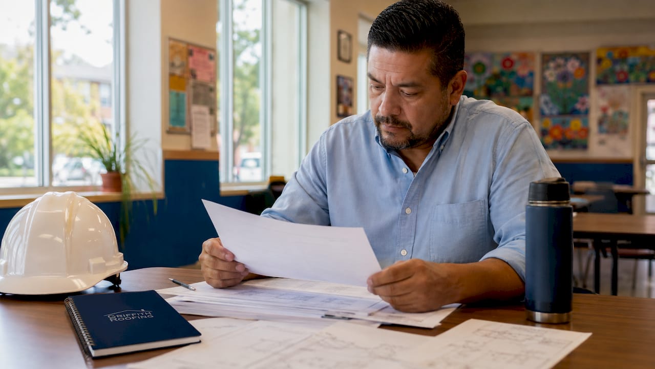 Roofing contractor reviewing permits at desk