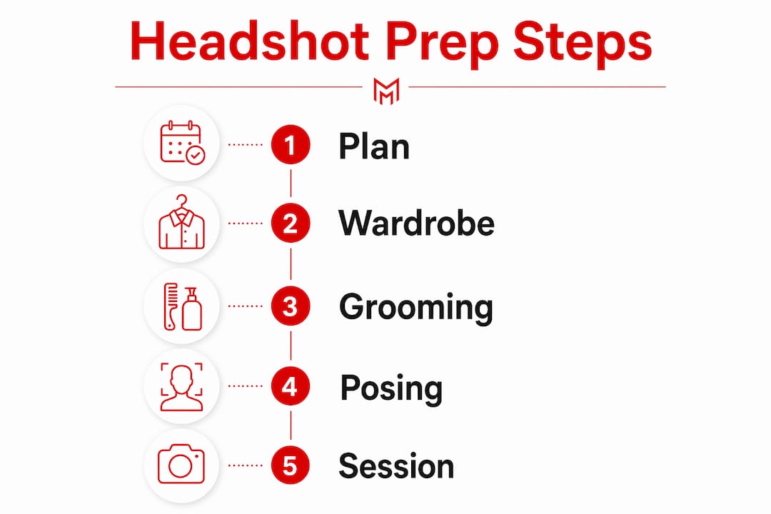 Infographic outlining steps to prepare for headshot session