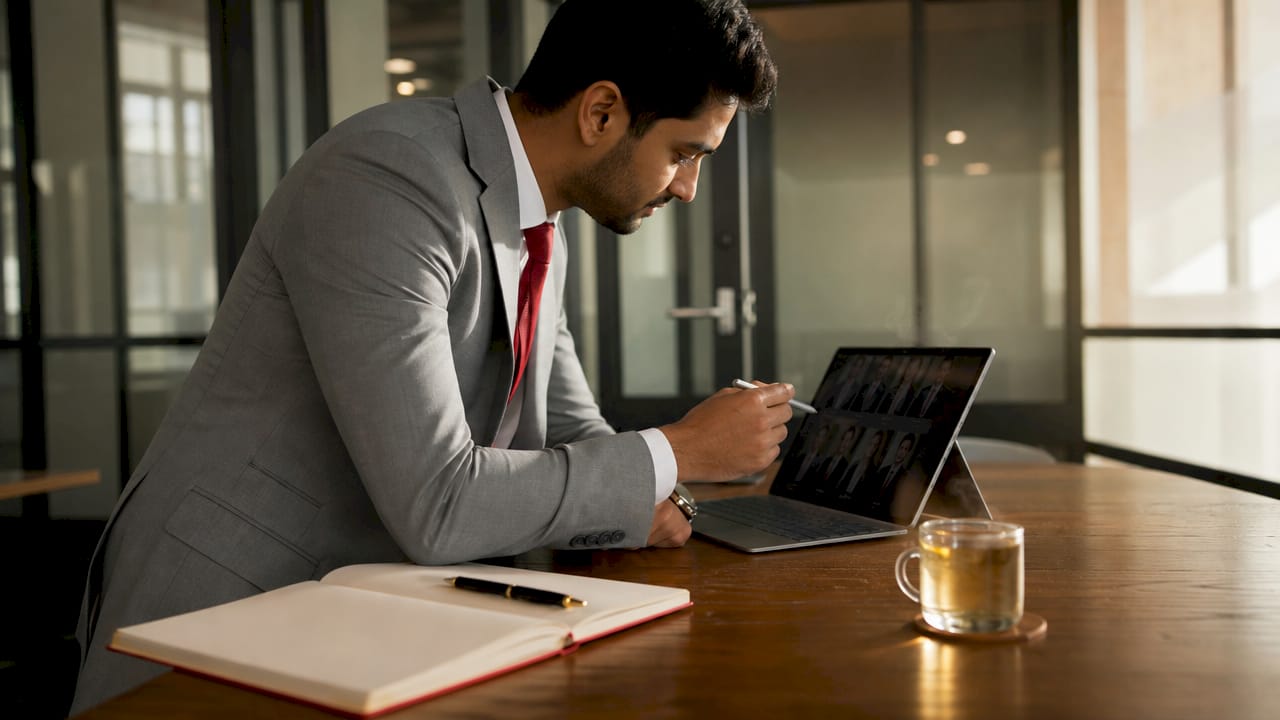Man reviewing professional portraits in office