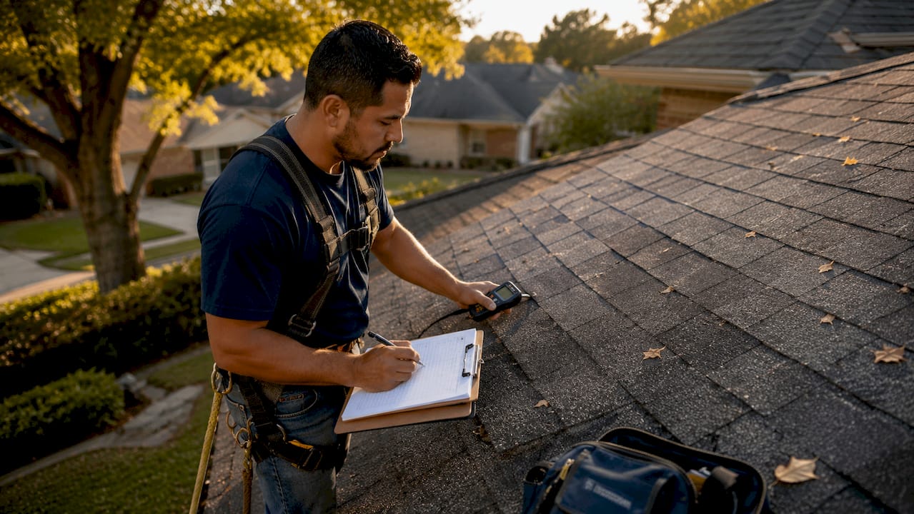 Roofer inspecting shingles on DFW home roof
