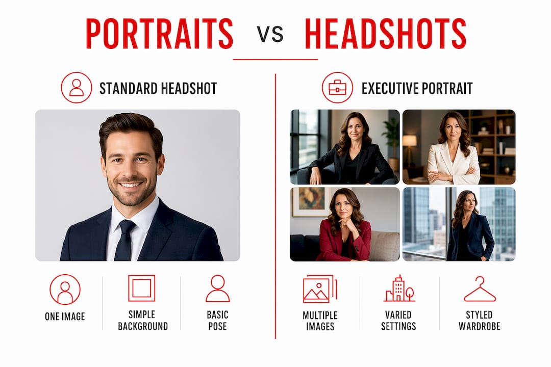 Infographic comparing executive portraits and standard headshots