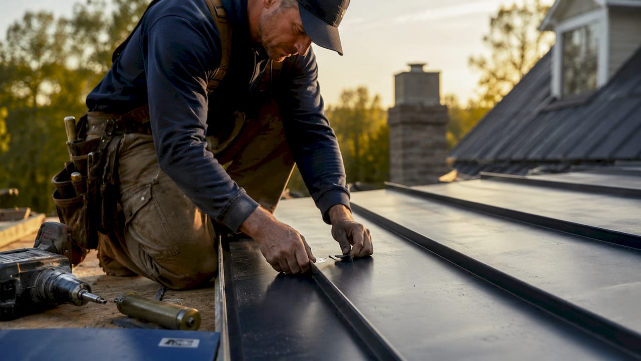 Roofer installing metal standing seam panels