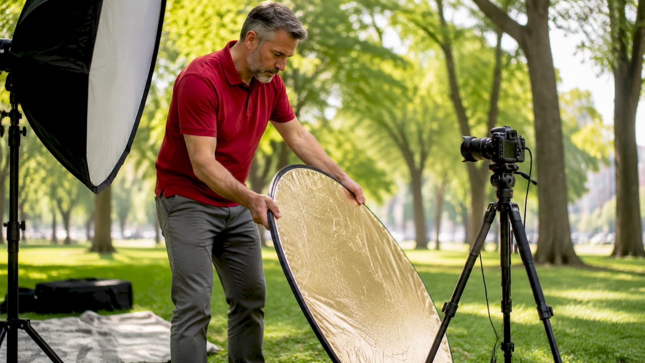 Photographer preparing lighting in portrait studio