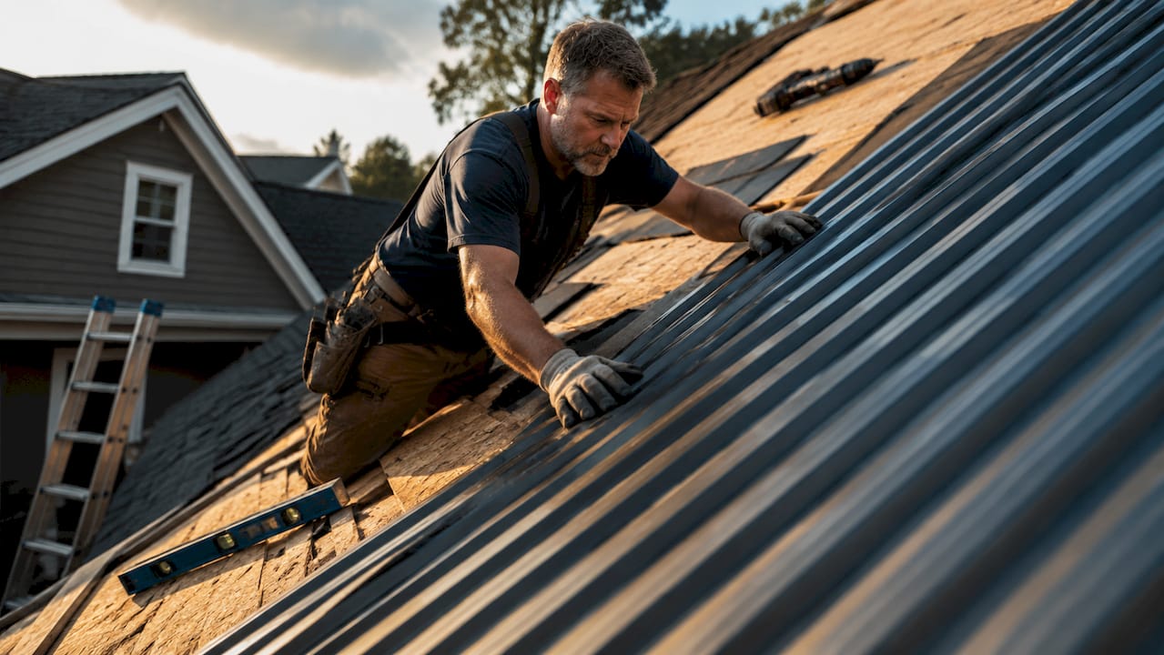 Worker installing metal roof panels on home