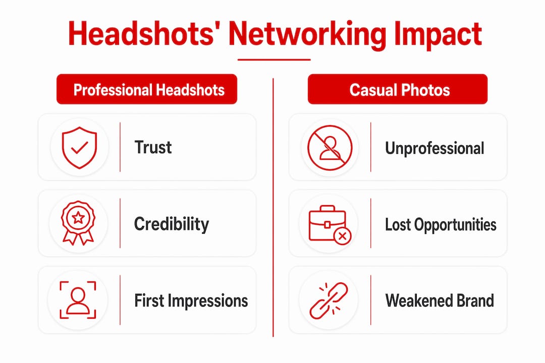 Infographic comparing professional headshots and casual photos on networking impact