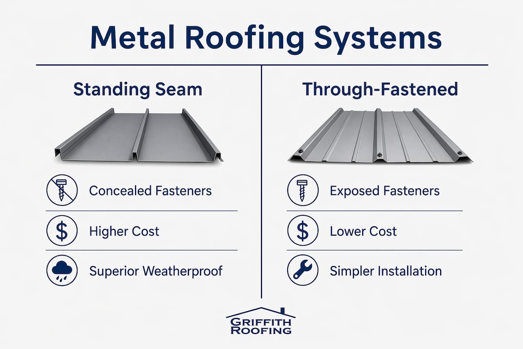 Infographic comparing standing seam and through-fastened roofing systems