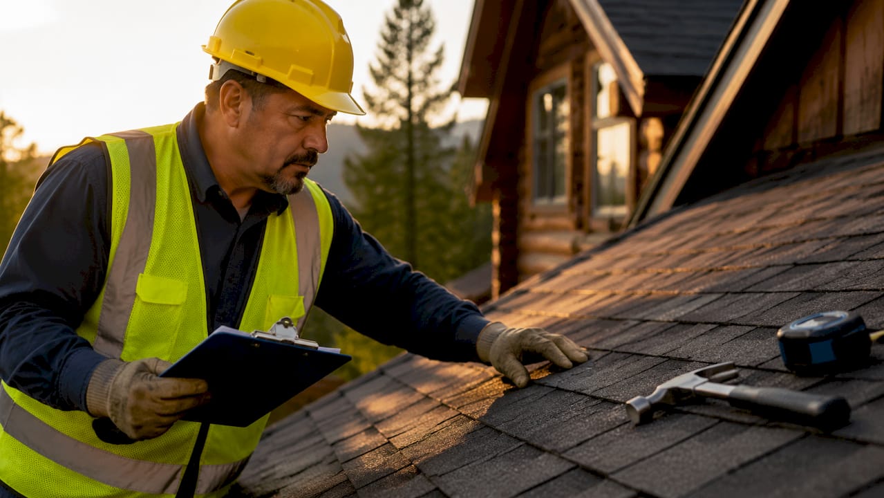 Contractor inspecting architectural shingles on roof