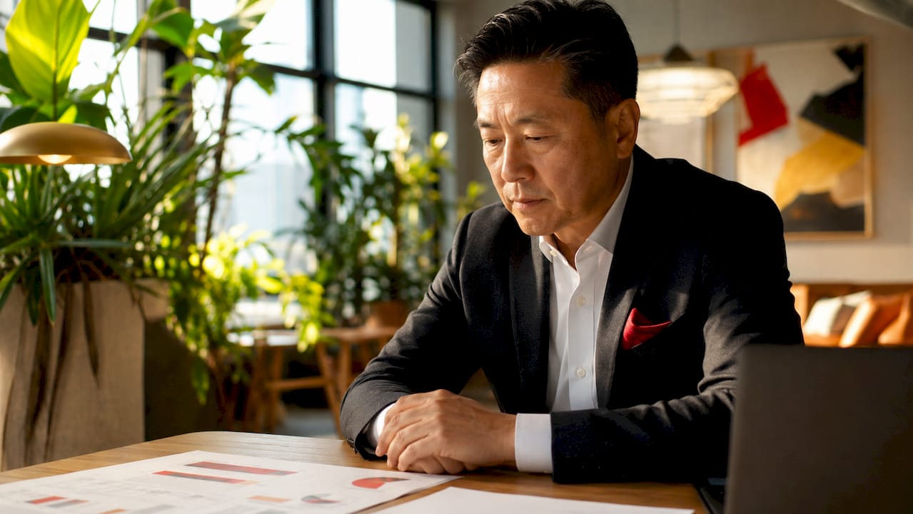 CEO reflecting in office suitable for headshot style