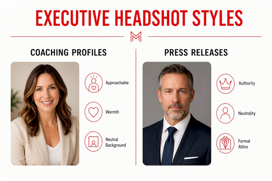 Infographic comparing executive coaching and press release headshot styles