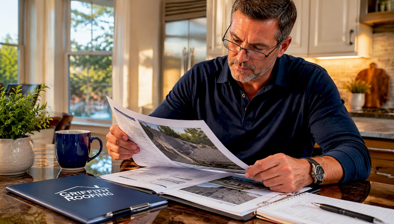 Homeowner reviewing roof assessment documents