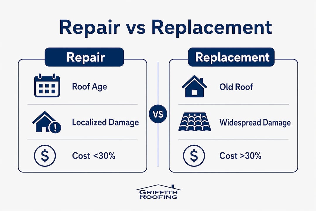 Infographic comparing roof repair and replacement factors