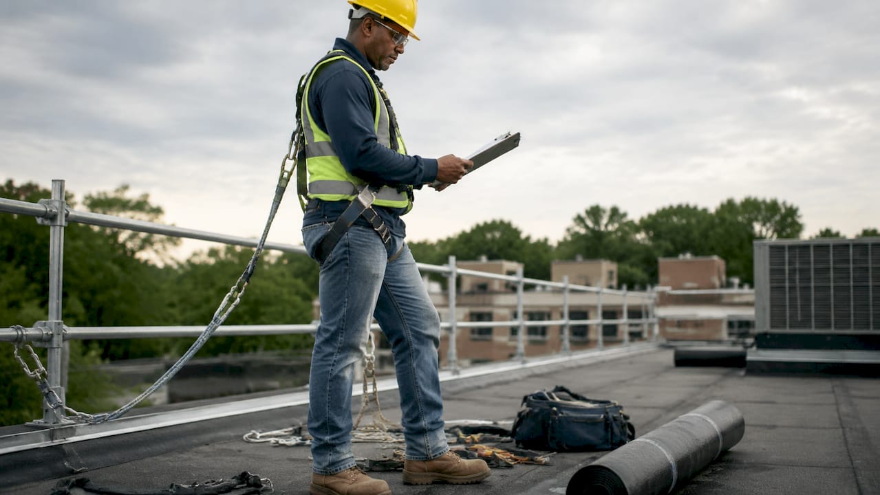 Contractor reviewing roof safety documents