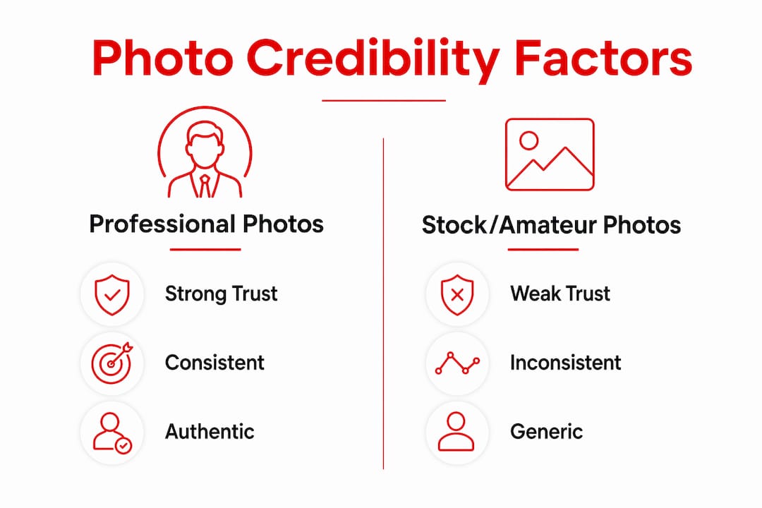 Infographic comparing professional and stock photos for credibility