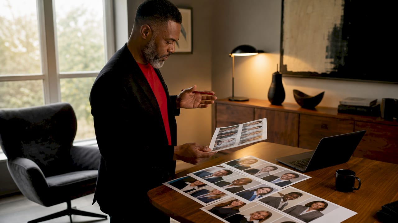Executive reviewing printed team headshots at desk