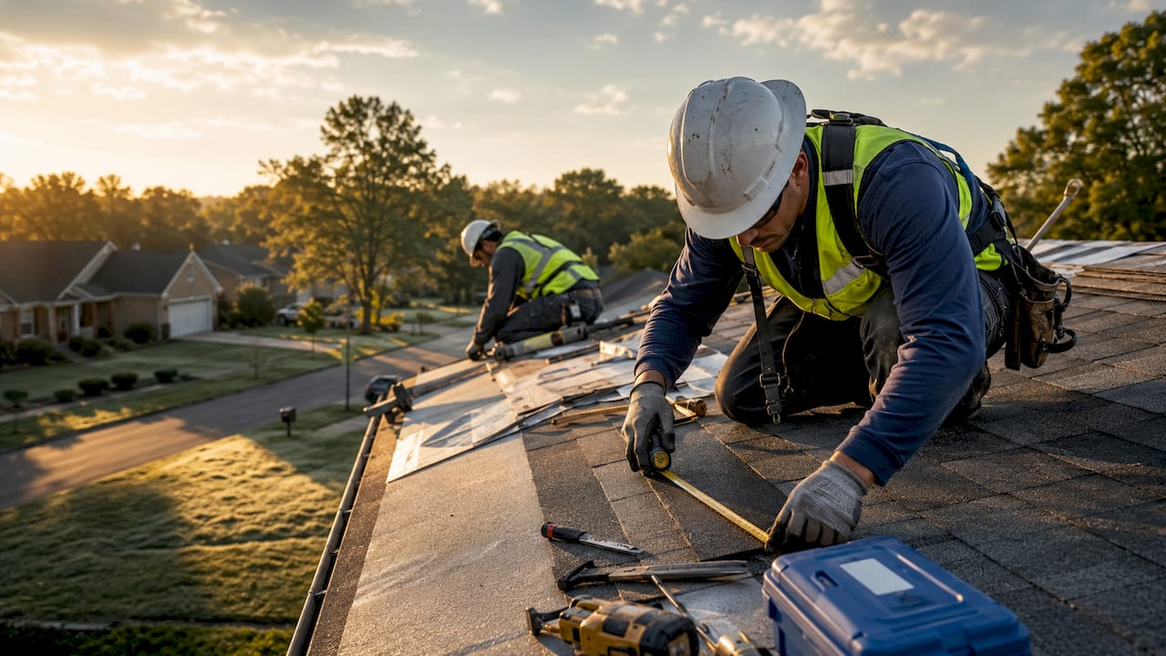 Roofers working on roof in hot summer conditions