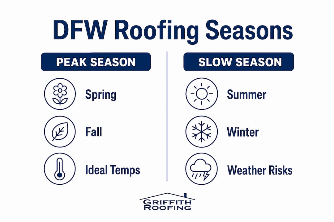 Infographic comparing peak and slow roofing seasons in DFW