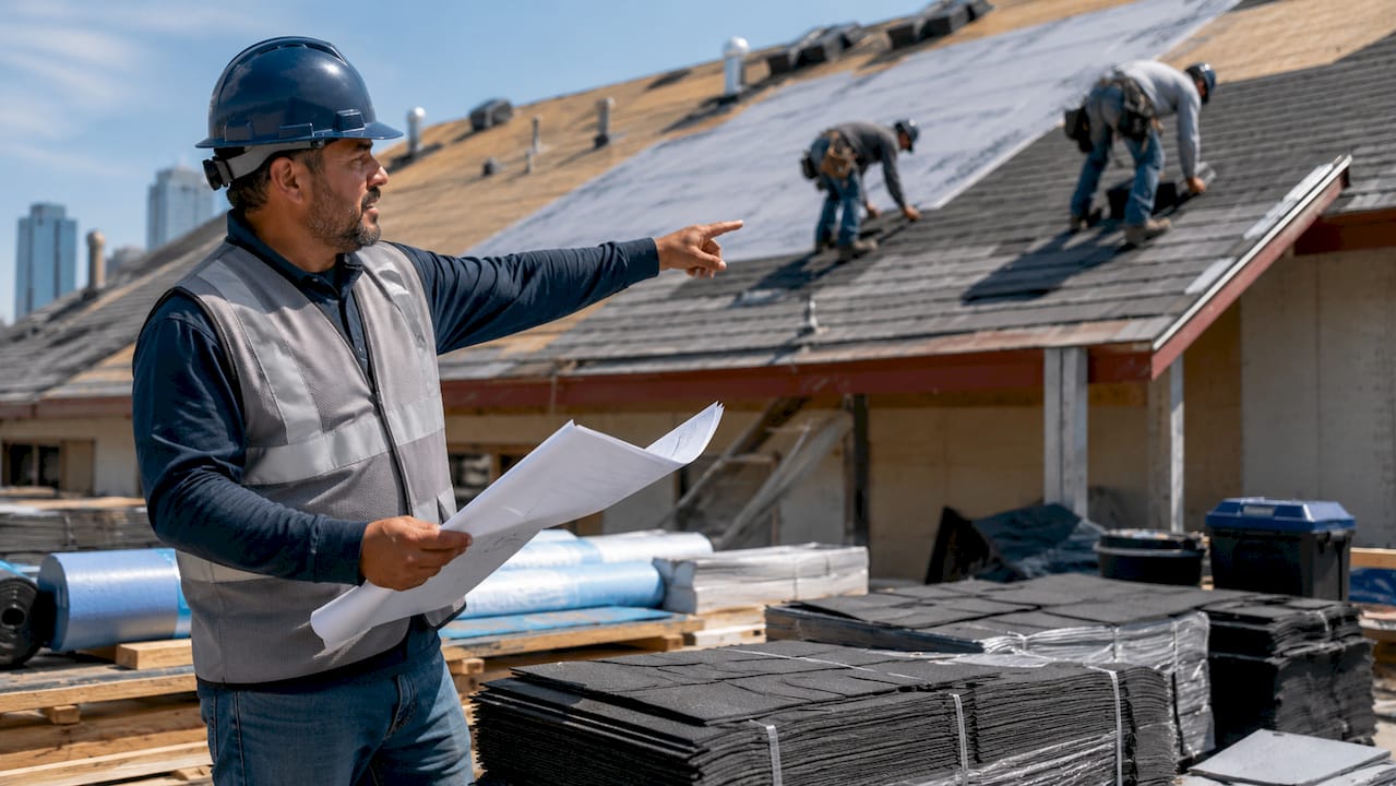 Roofing subcontractor foreman reviewing roof installation
