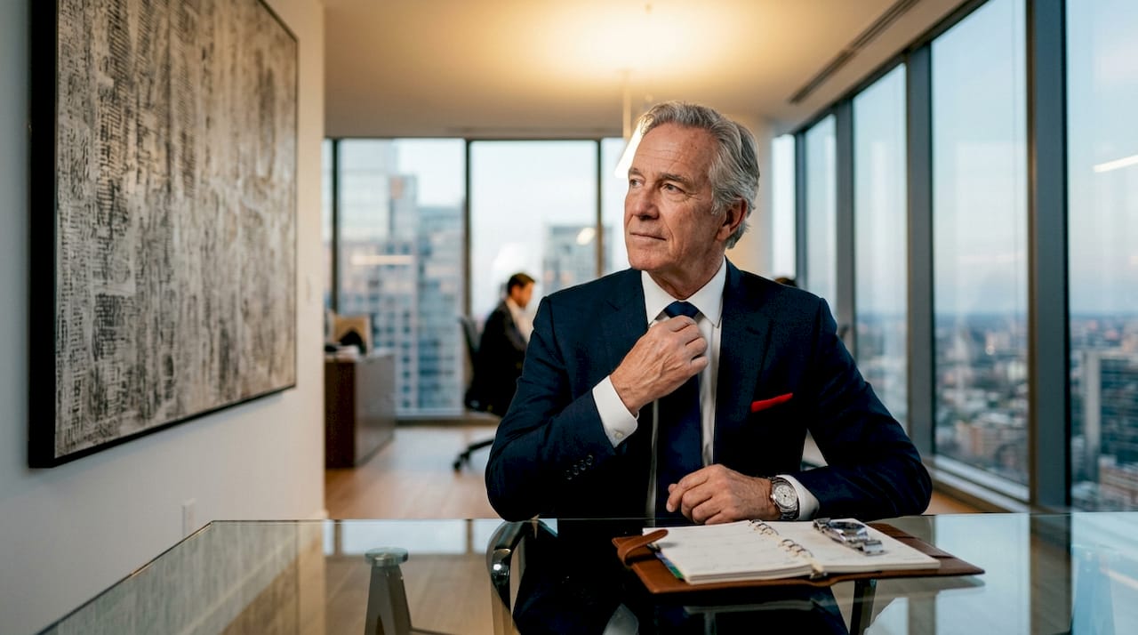 Executive adjusting tie in high-rise office