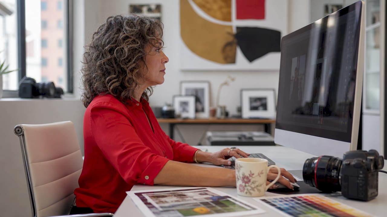 Photographer editing corporate images at home studio