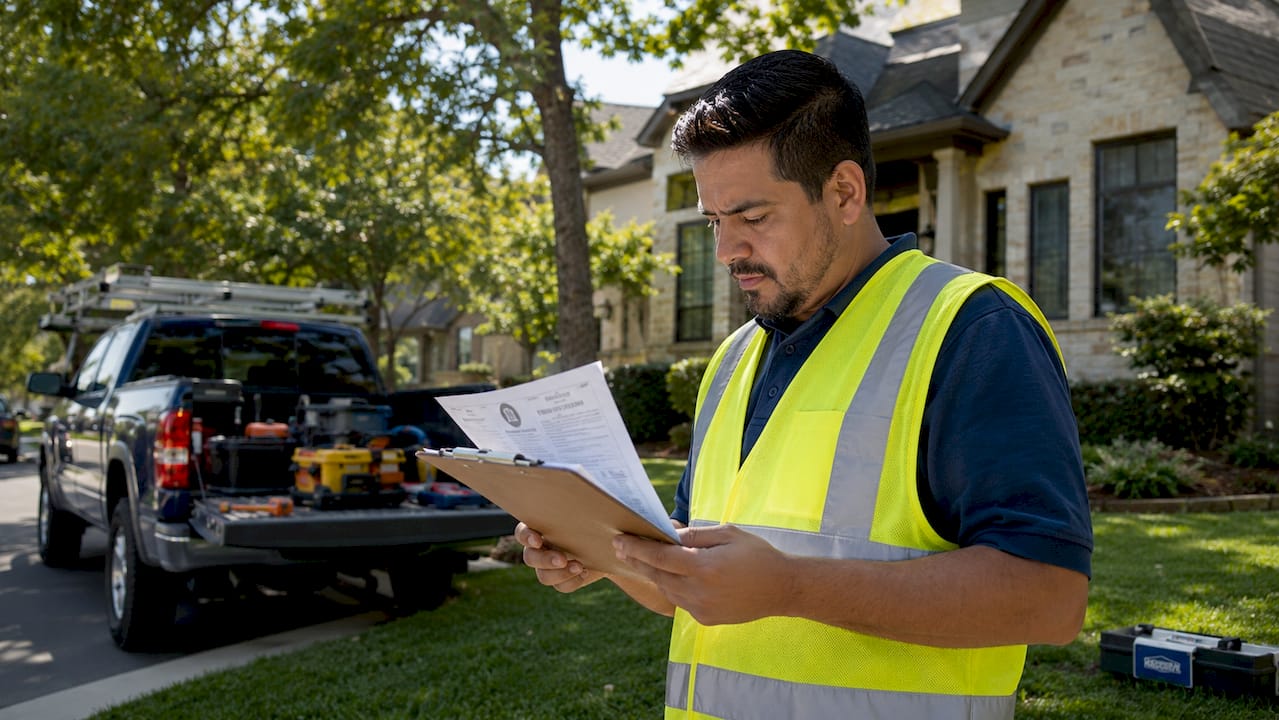 Contractor reviewing roofing permit outdoors