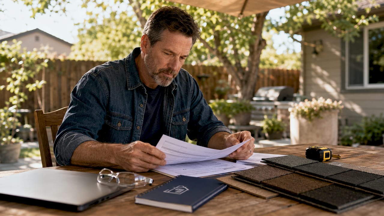 Contractor reviewing roofing compliance documents in workshop
