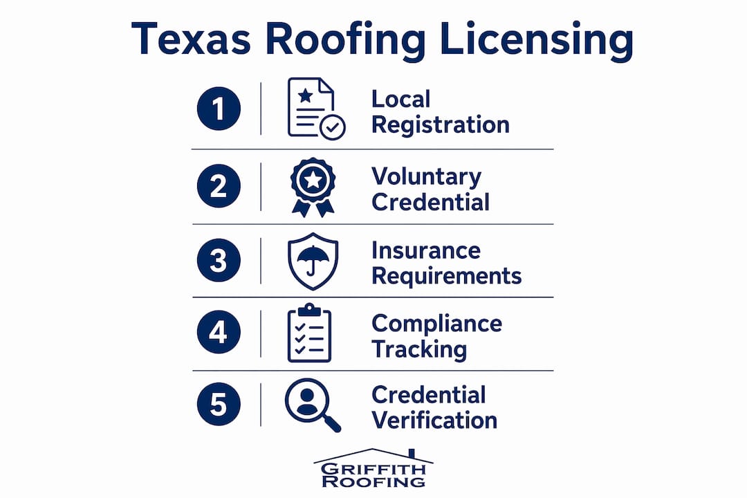 Infographic outlining five steps in Texas roofing contractor licensing