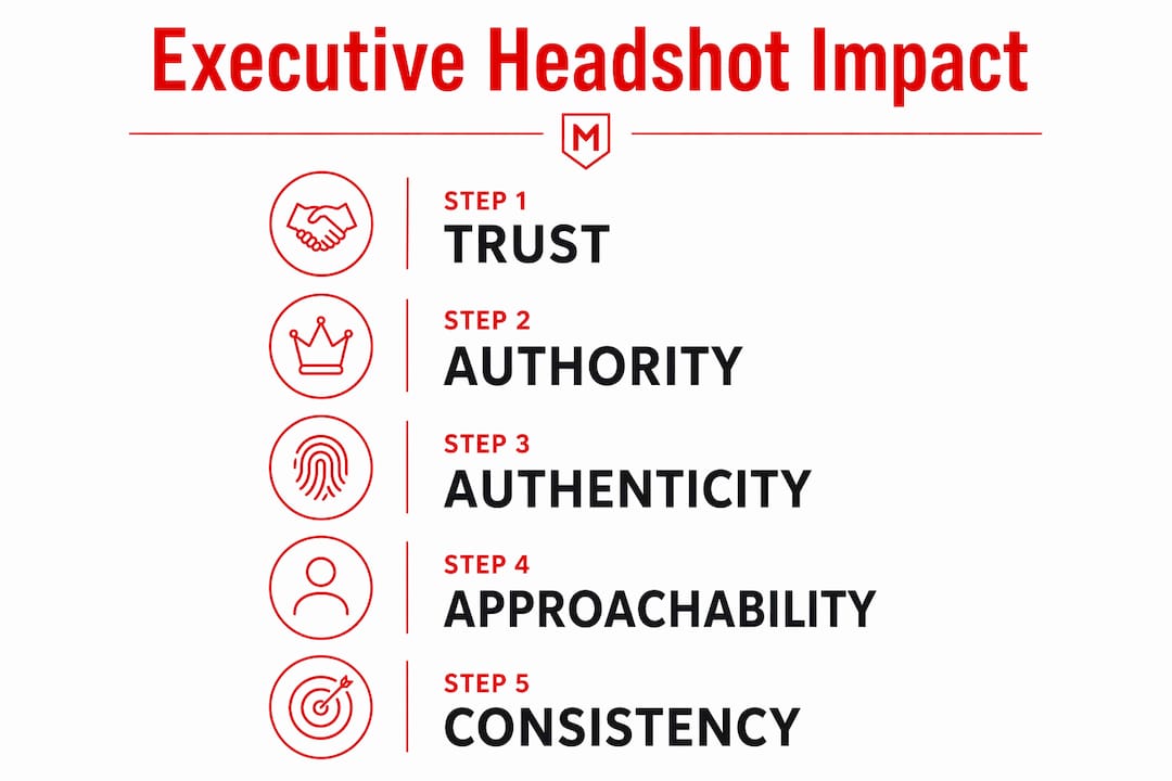 Infographic showing five key steps of executive headshot impact