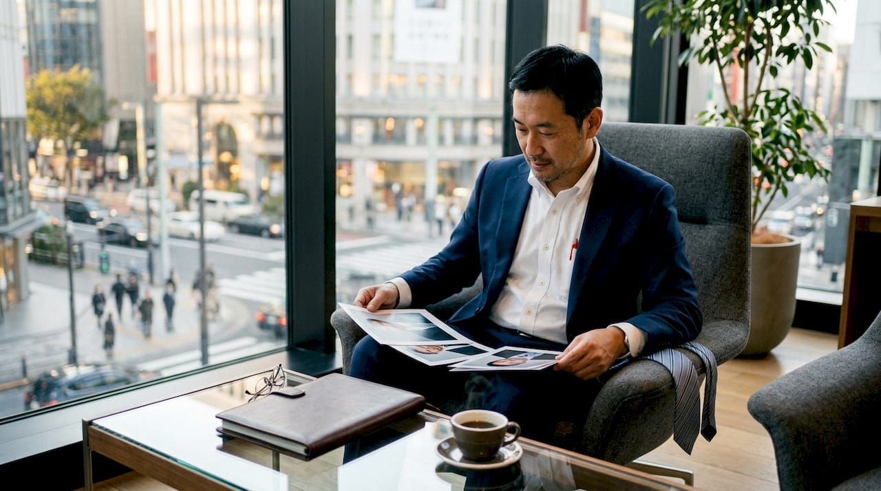 Male executive reviewing printed headshot proofs at desk