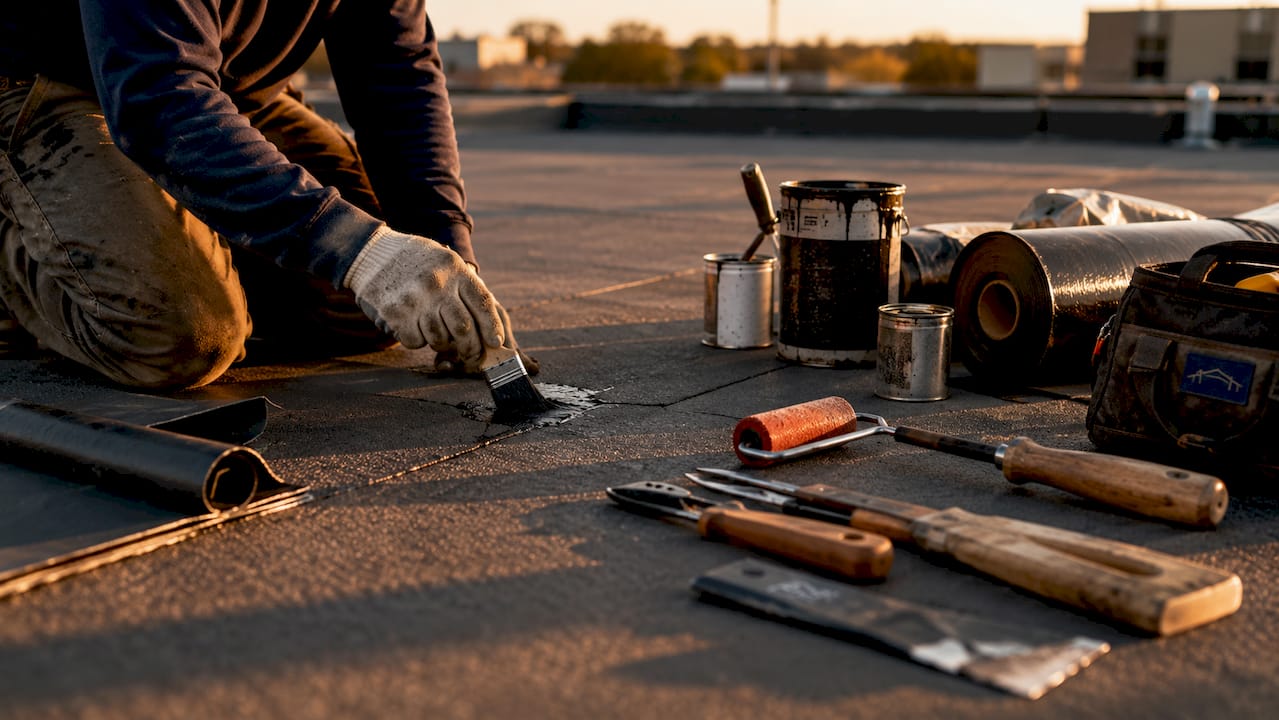 EPDM roof repair tools and materials on rooftop