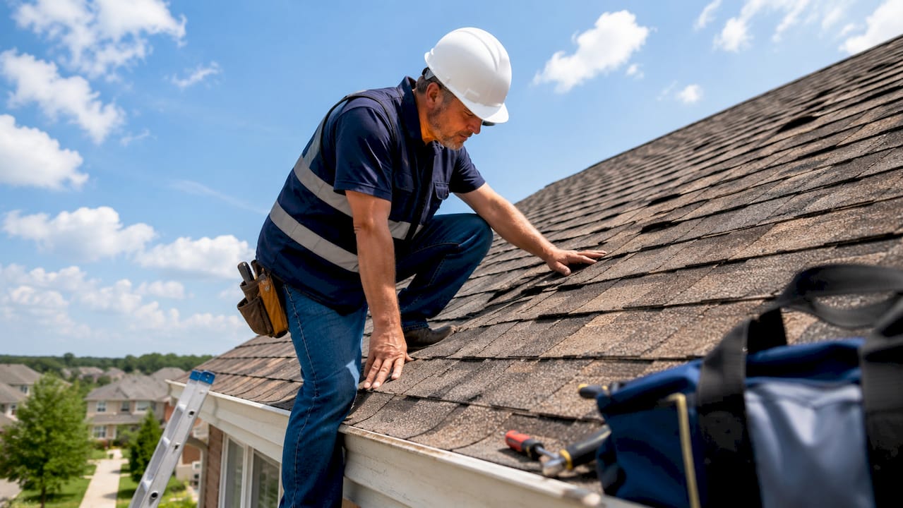 Local roofer inspecting residential roof outdoors