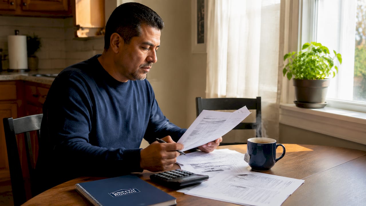 Hispanic man reviewing roof insurance paperwork at home