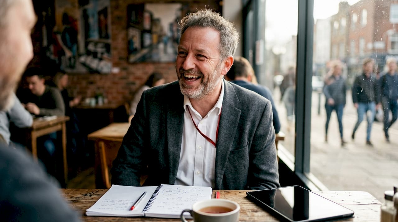 Candid businessman laughing in office meeting