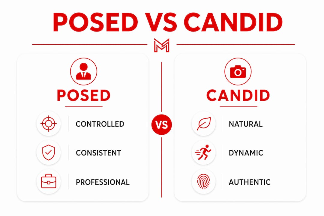 Infographic comparing posed and candid business portraits