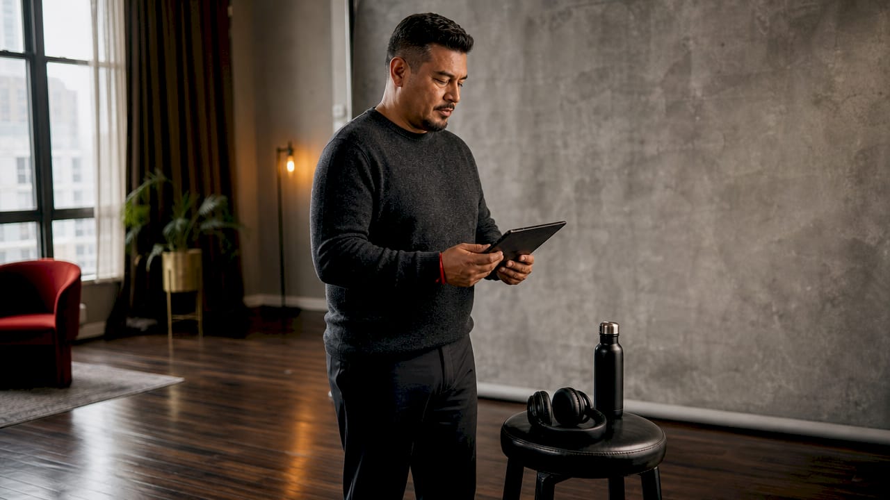 Man using tablet in front of wooden textured backdrop