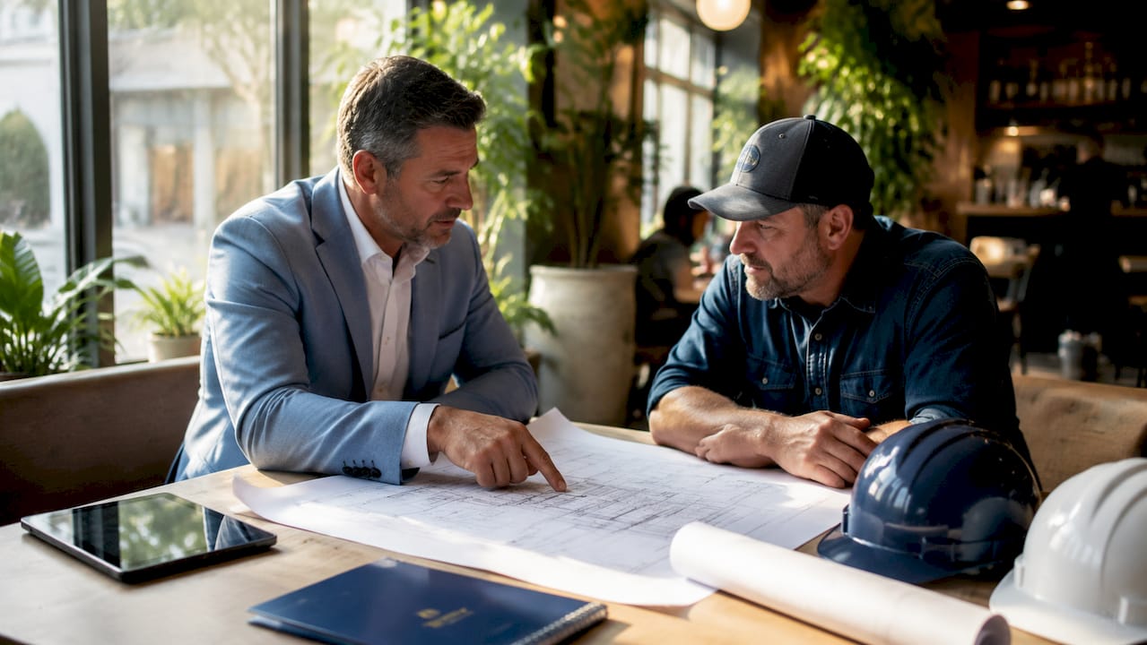 Project manager and contractor reviewing roofing blueprints
