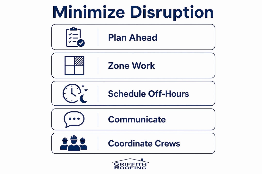 Infographic illustrating steps to minimize roof replacement disruptions