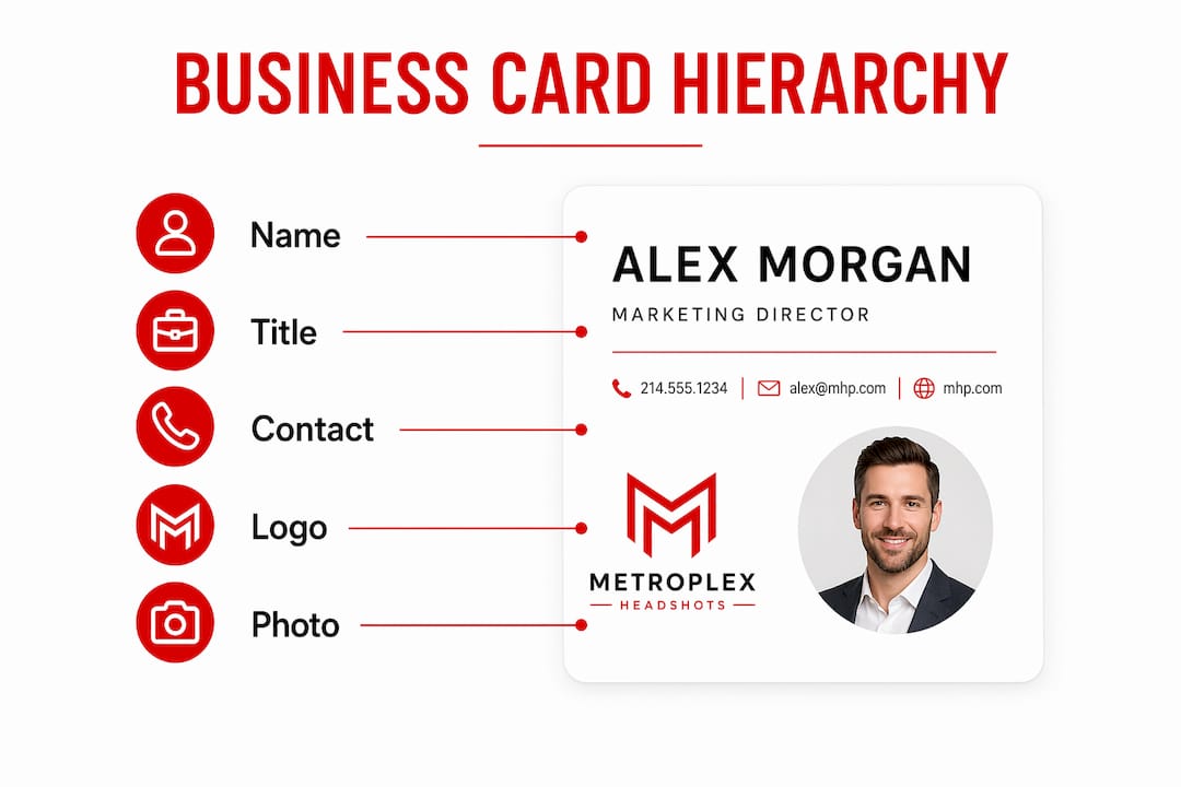 Infographic illustrating layout hierarchy on business cards