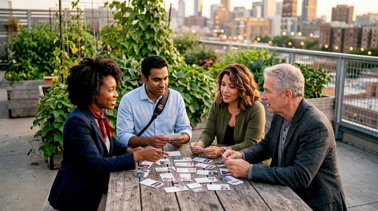 Hands selecting photo business cards on table